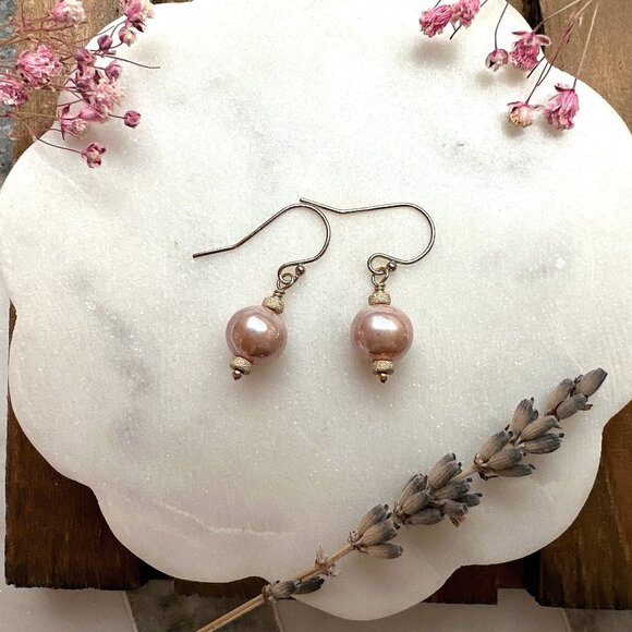 New Elegant Natural Pink Round Freshwater Pearl Earrings | Handmade in BC - Picture 2 of 4